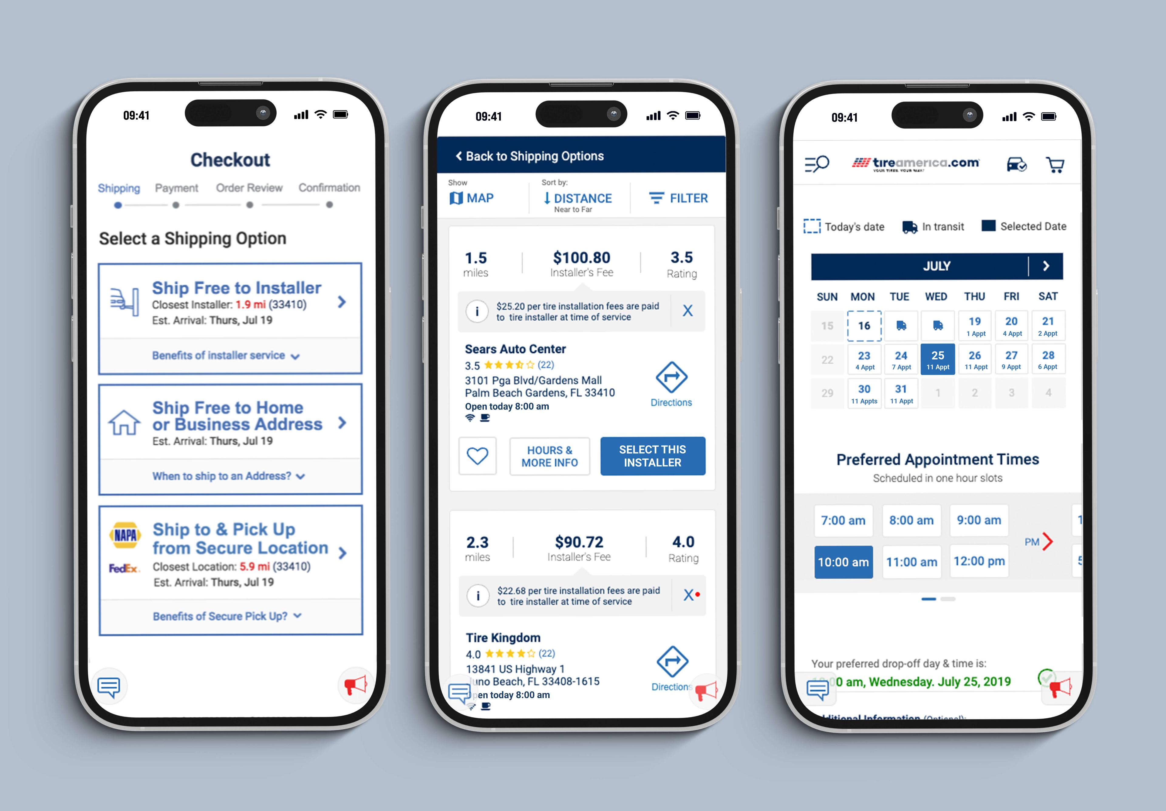 Shipping checkout — after redesign with explicit fulfillment cards and traditional calendar